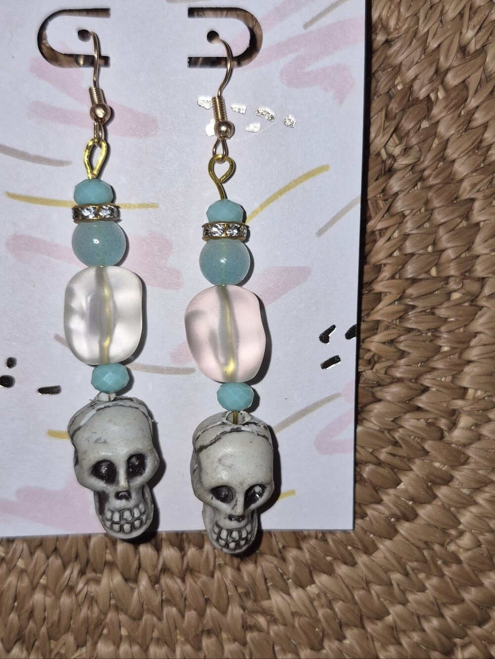 Handmade Turquoise & Pink Skull Dangle Earrings - Women Jewelry